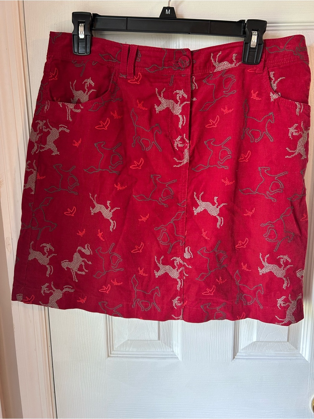 Red Mini Skirt with Embroidered Horse Motif
